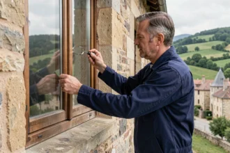 Poseur de fenêtres professionnel mesurant un cadre de fenêtre sur une maison en pierre en Auvergne-Rhône-Alpes