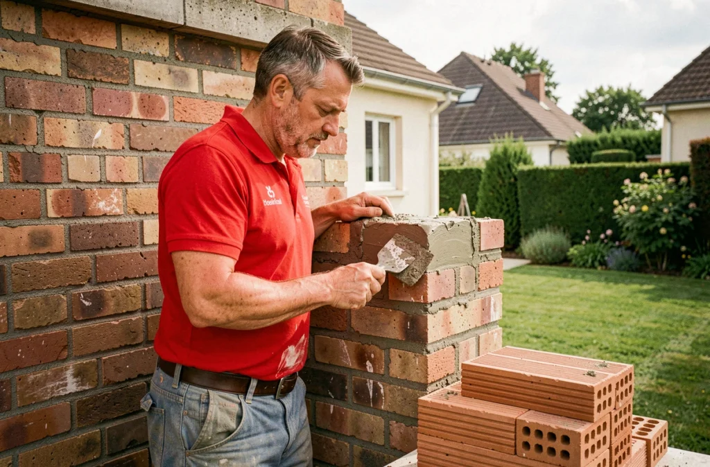 Maçon de RB Maçonnerie appliquant du mortier sur une extension de mur en briques rouges dans un jardin résidentiel de banlieue