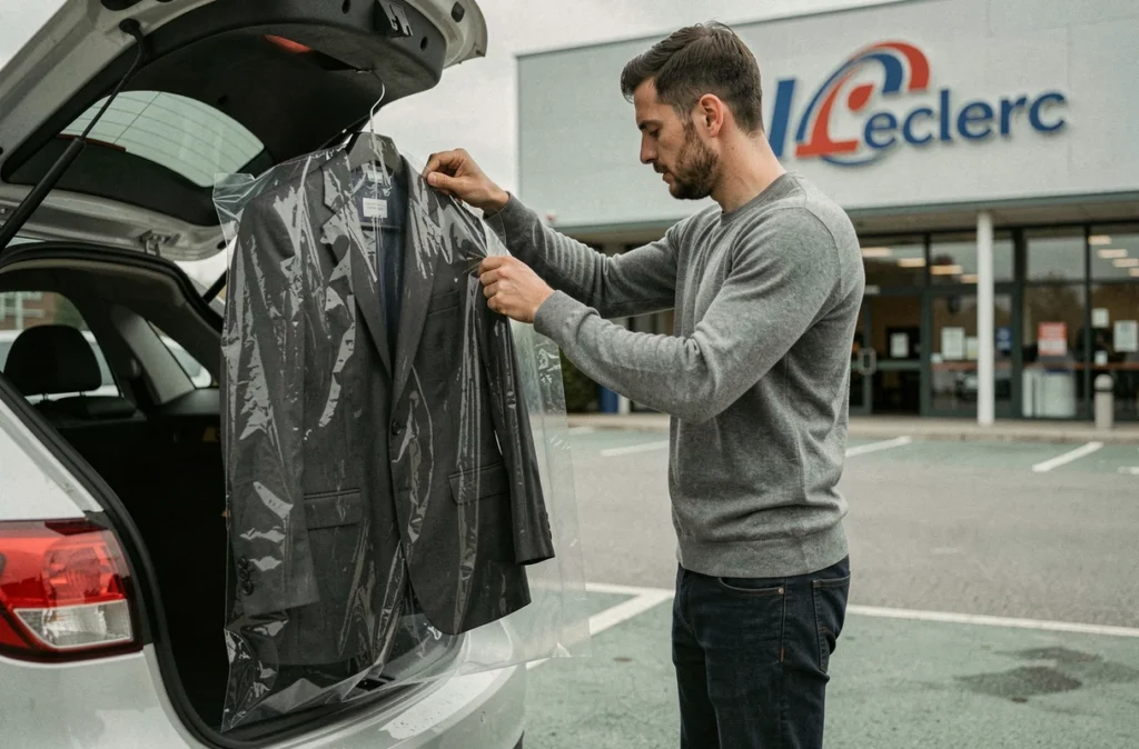 Homme récupérant un costume fraîchement pressé dans un sac de pressing Leclerc près du parking du magasin