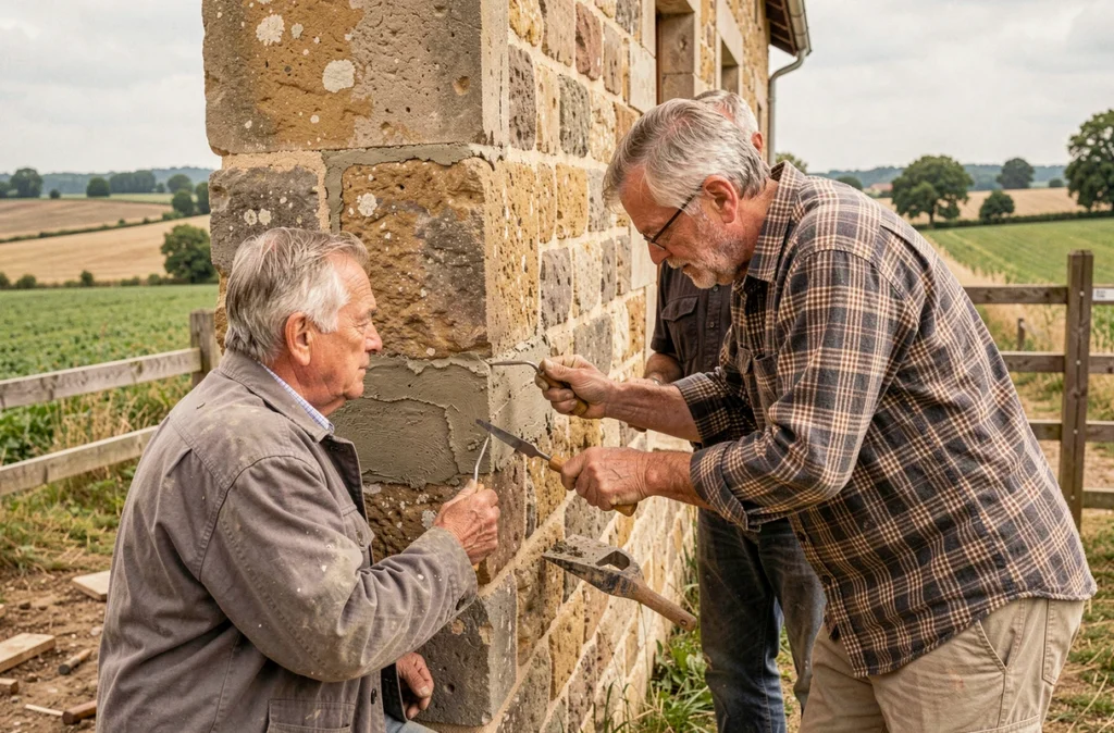 Deux maçons de SARL Lopes Construction rejointoyant les murs en calcaire d'une ancienne ferme française dans la campagne des Yvelines