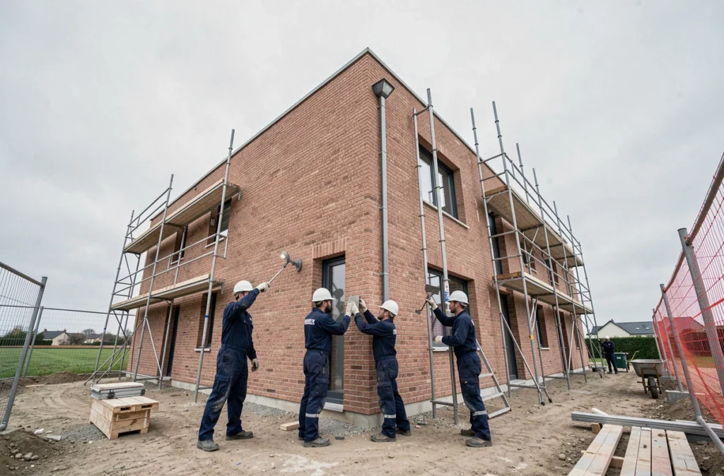 Équipe de SAS Batir 78 construisant la façade en briques d'un bâtiment résidentiel moderne sur un chantier organisé dans les Yvelines
