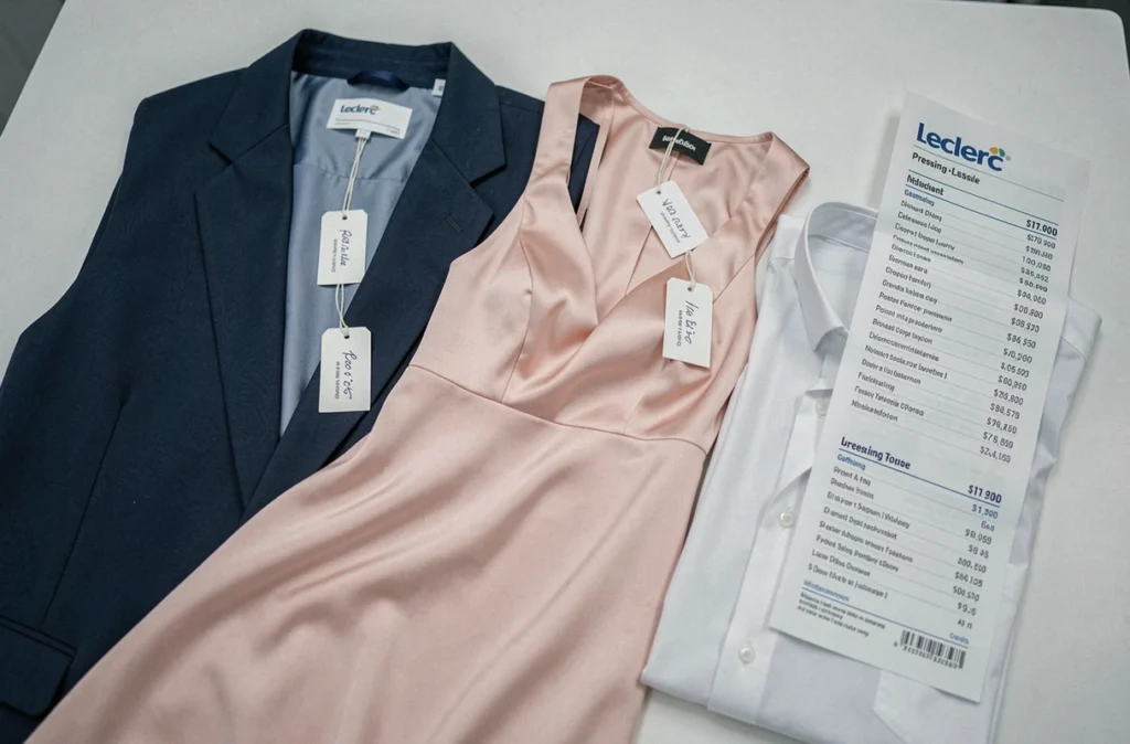 Vêtements délicats avec étiquettes de prix prêts pour le pressing Leclerc incluant costume et robe en soie