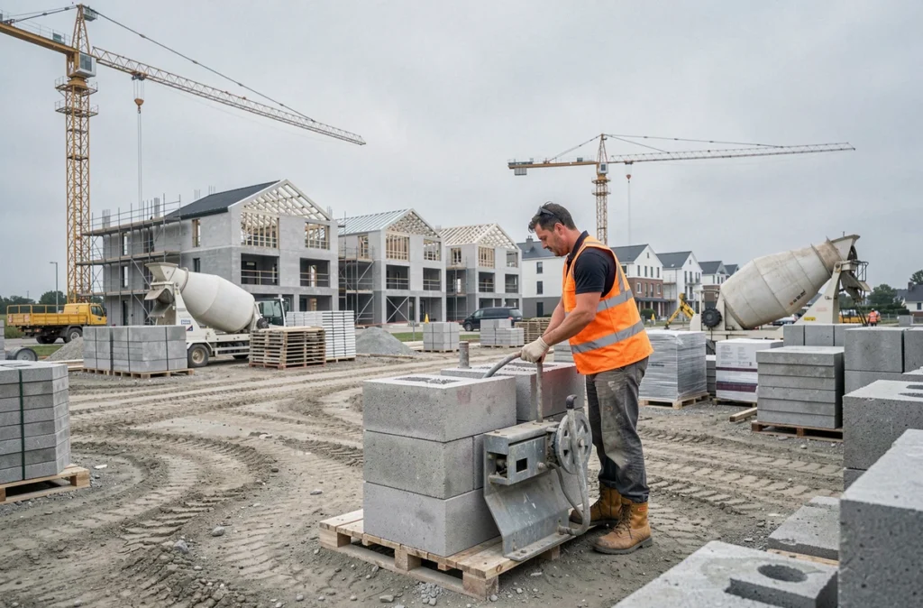 Maçon d'Yvelines Maçonnerie Services opérant une machine à poser des blocs en béton sur un grand chantier de lotissement résidentiel