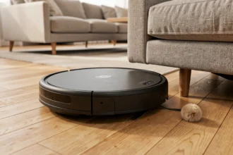 Aspirateur robot noir sur parquet en bois dans un salon moderne, vue en plongée basse