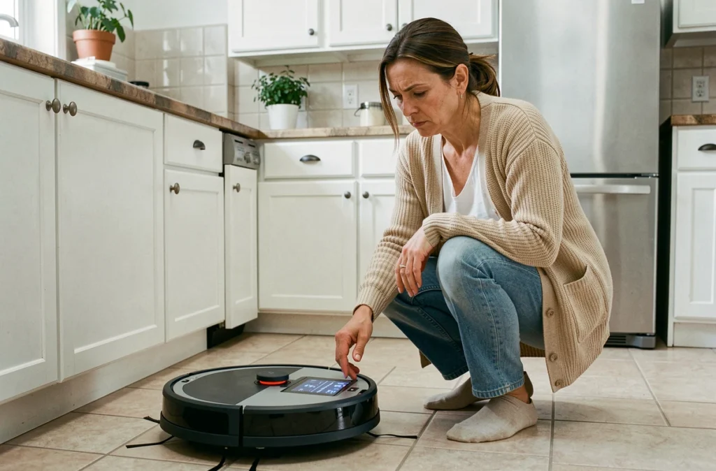 Femme examinant un aspirateur robot dans une cuisine carrelée moderne avec expression dubitative